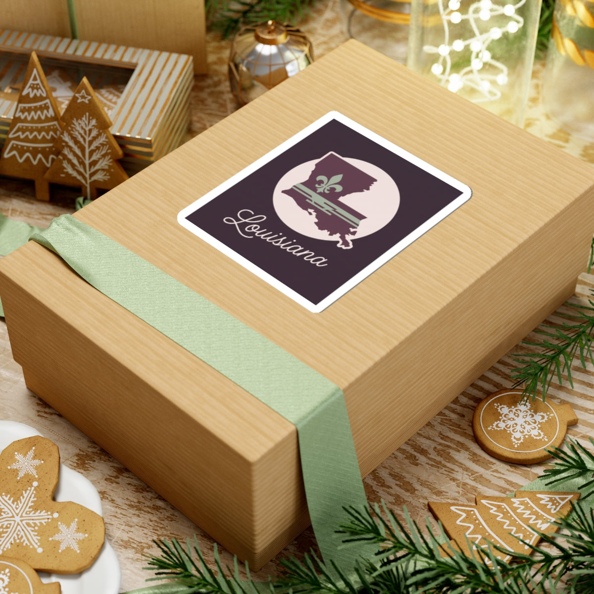 Louisiana silhouette vinyl sticker on wrapped gift box, mauve emblem in white circle