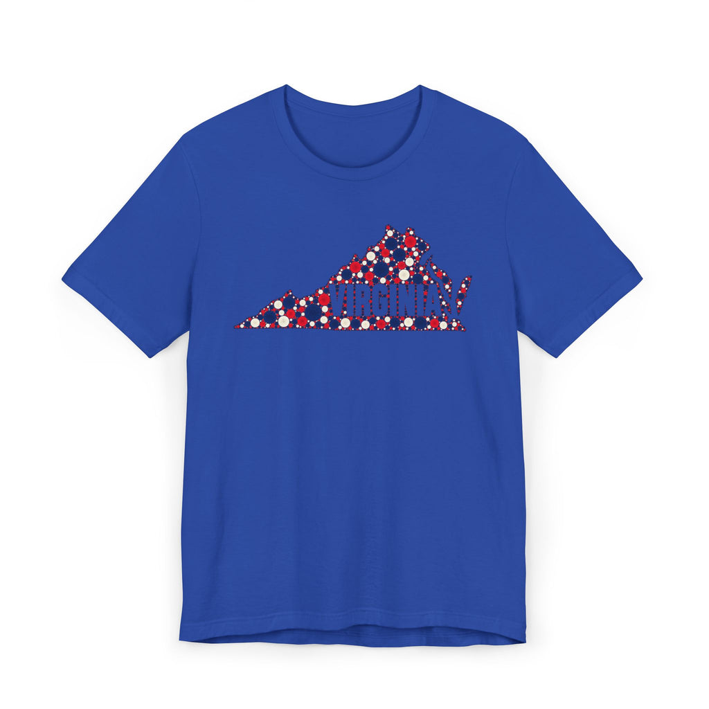 Royal blue T-shirt with red white blue Virginia map graphic with floral polka dots