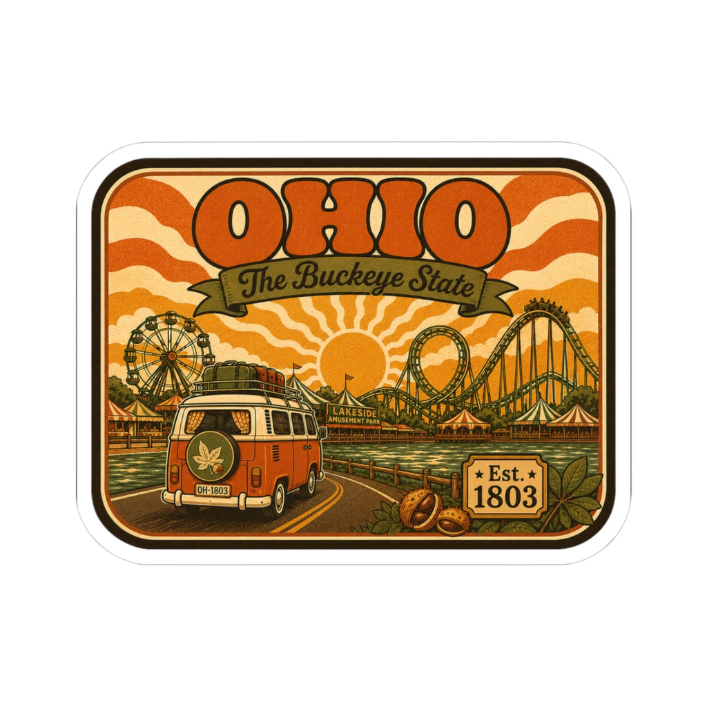 Ohio retro sticker with orange camper van, Ferris wheel, roller coaster, Est. 1803