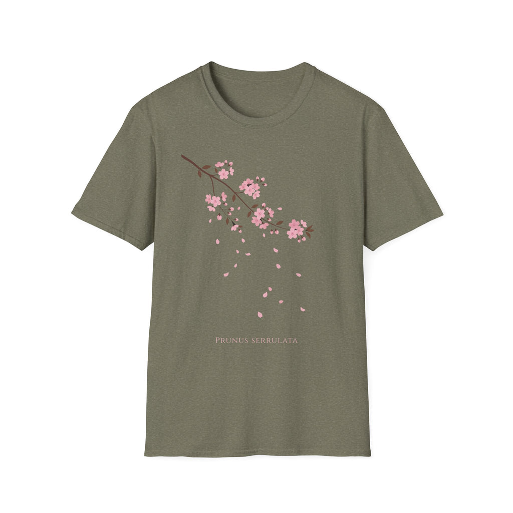 Cherry Blossom Branch T-Shirt, olive with pink sakura branch and falling petals print
