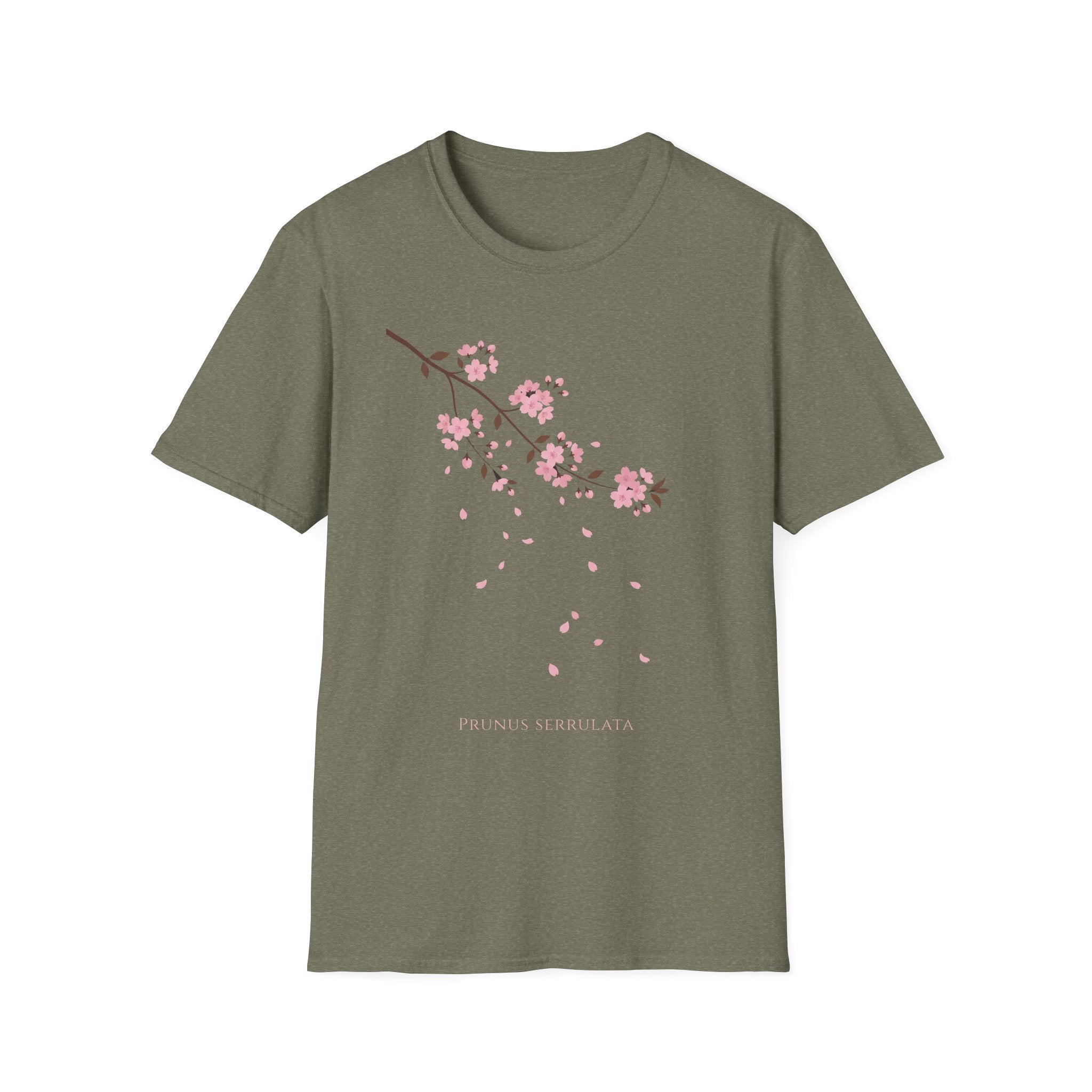 Cherry Blossom Branch T-Shirt, olive with pink sakura branch and falling petals print