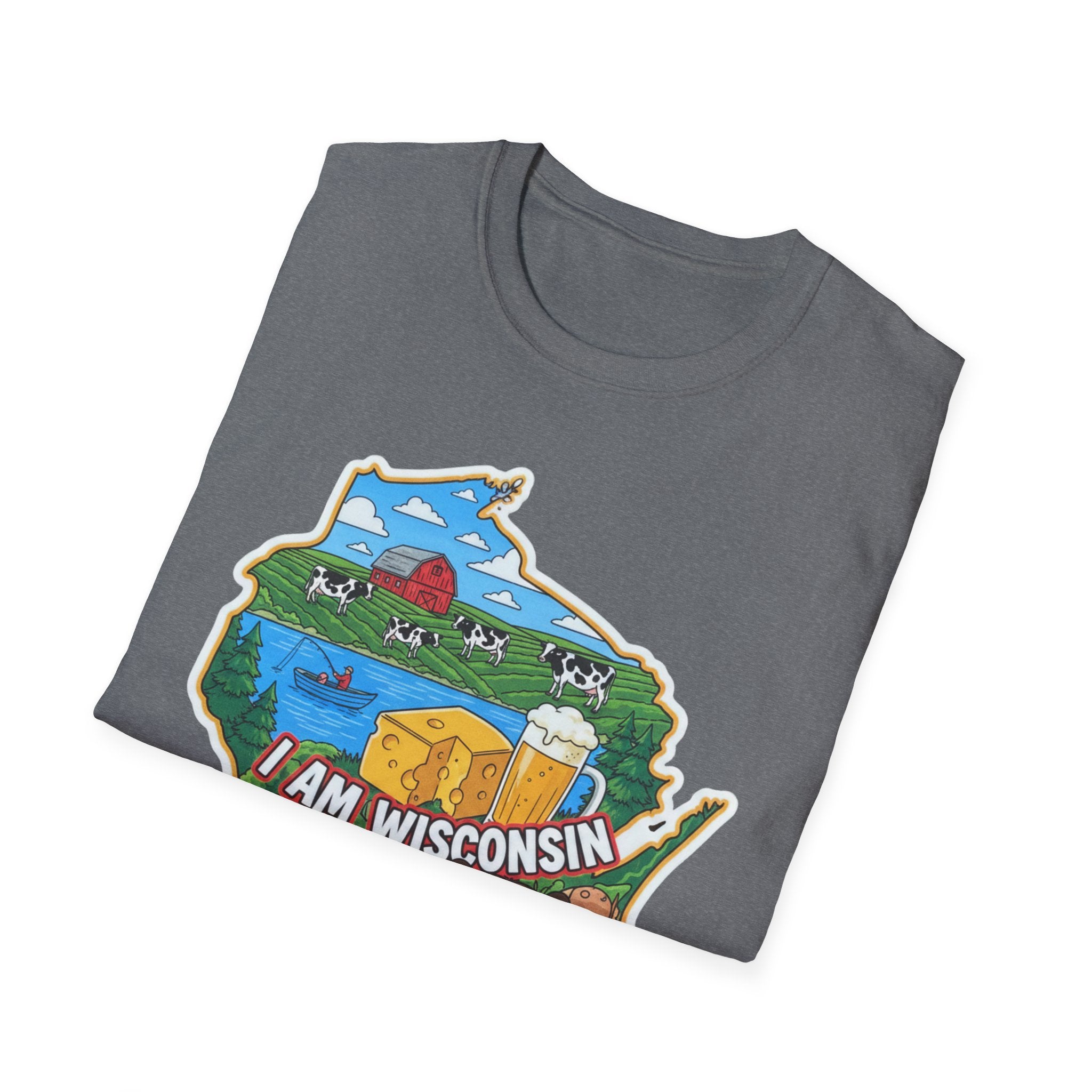Dark gray Wisconsin state map T-shirt with cheese, farm scenery, and “I AM WISCONSIN”