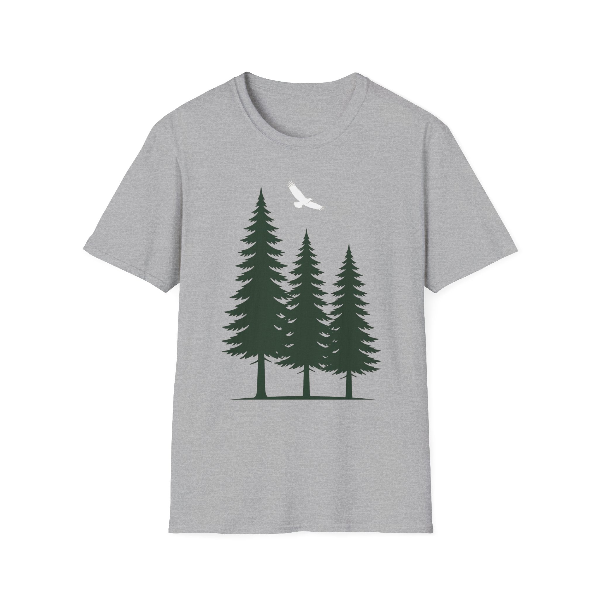 Forest nature T-shirt in heather gray with pine trees graphic and soaring bird