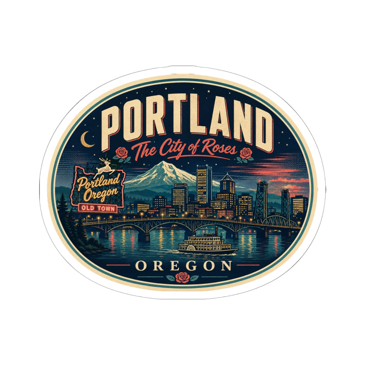 Round sticker showing PORTLAND, “The City of Roses”, and an Oregon skyline scene