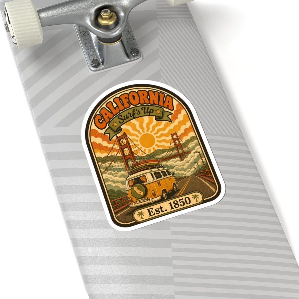Round California surf van sticker on a board surface with “Est. 1850” and bridge illustration.