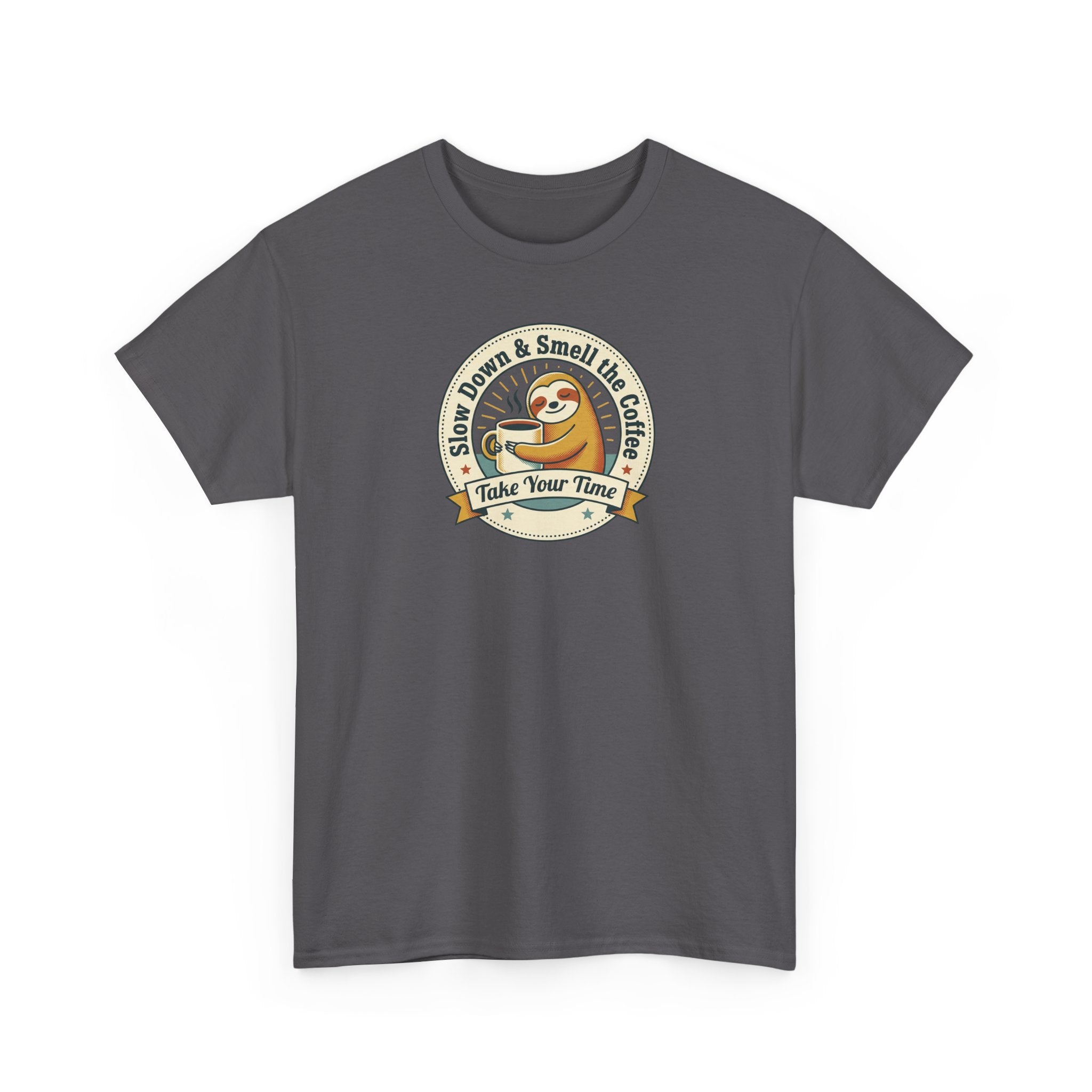 Charcoal graphic T-shirt with sloth coffee emblem on chest