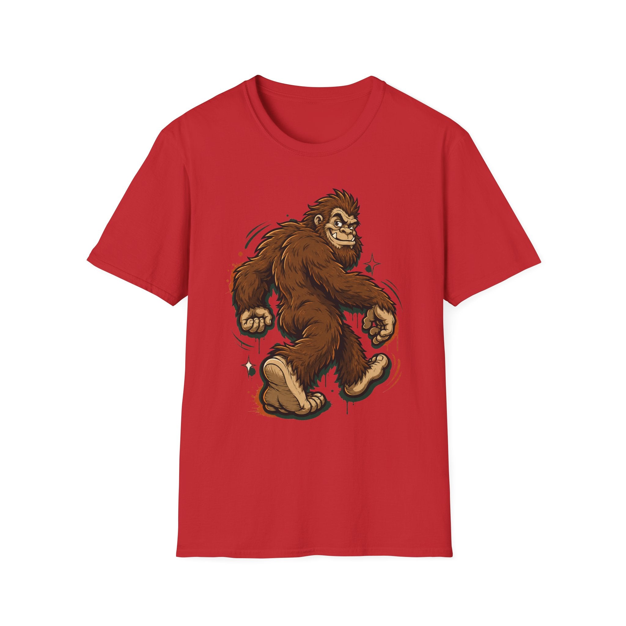 Red crew-neck t-shirt featuring a brown bigfoot cartoon graphic