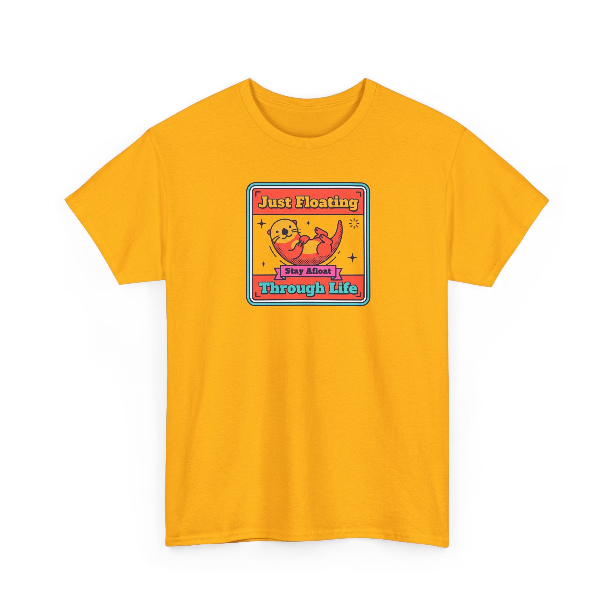 Orange otter graphic T-shirt with “Just Floating Through Life” front print