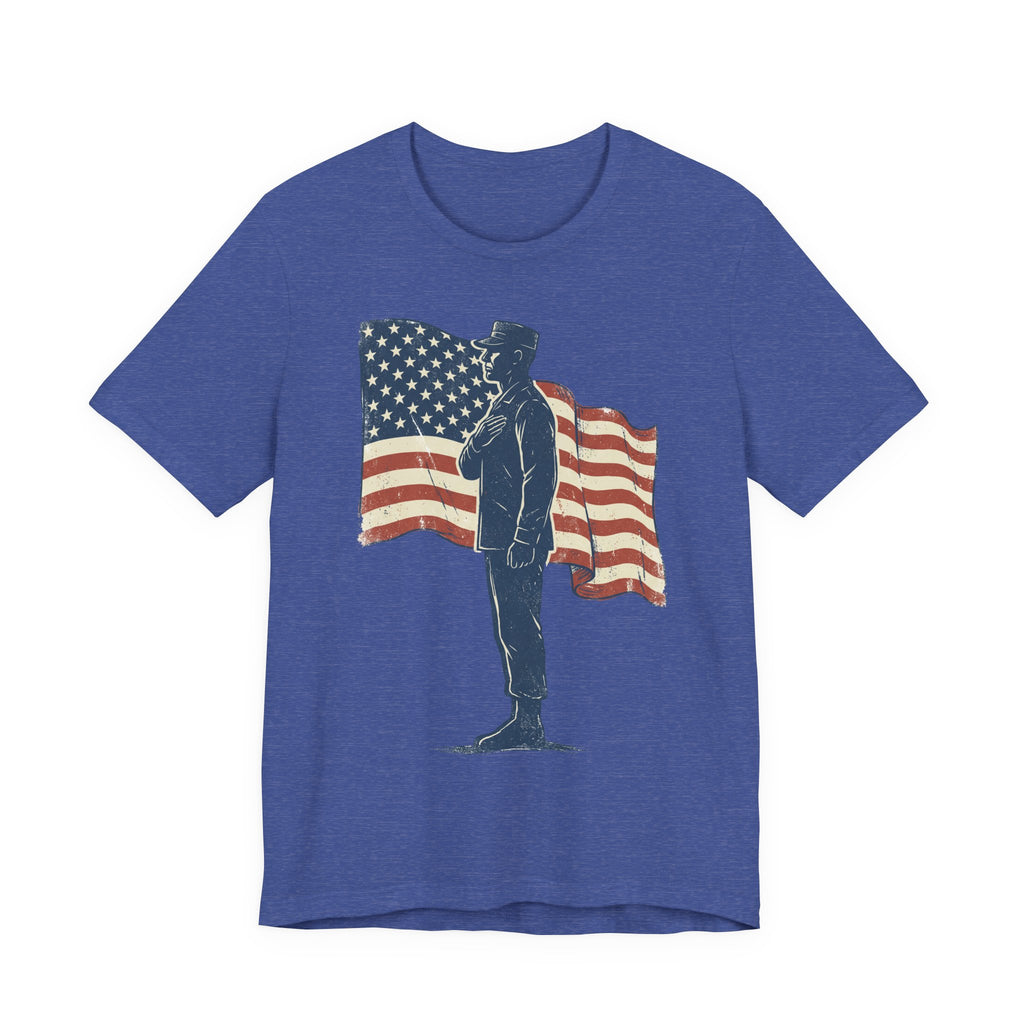 Blue crew-neck T-shirt with saluting soldier graphic and American flag print