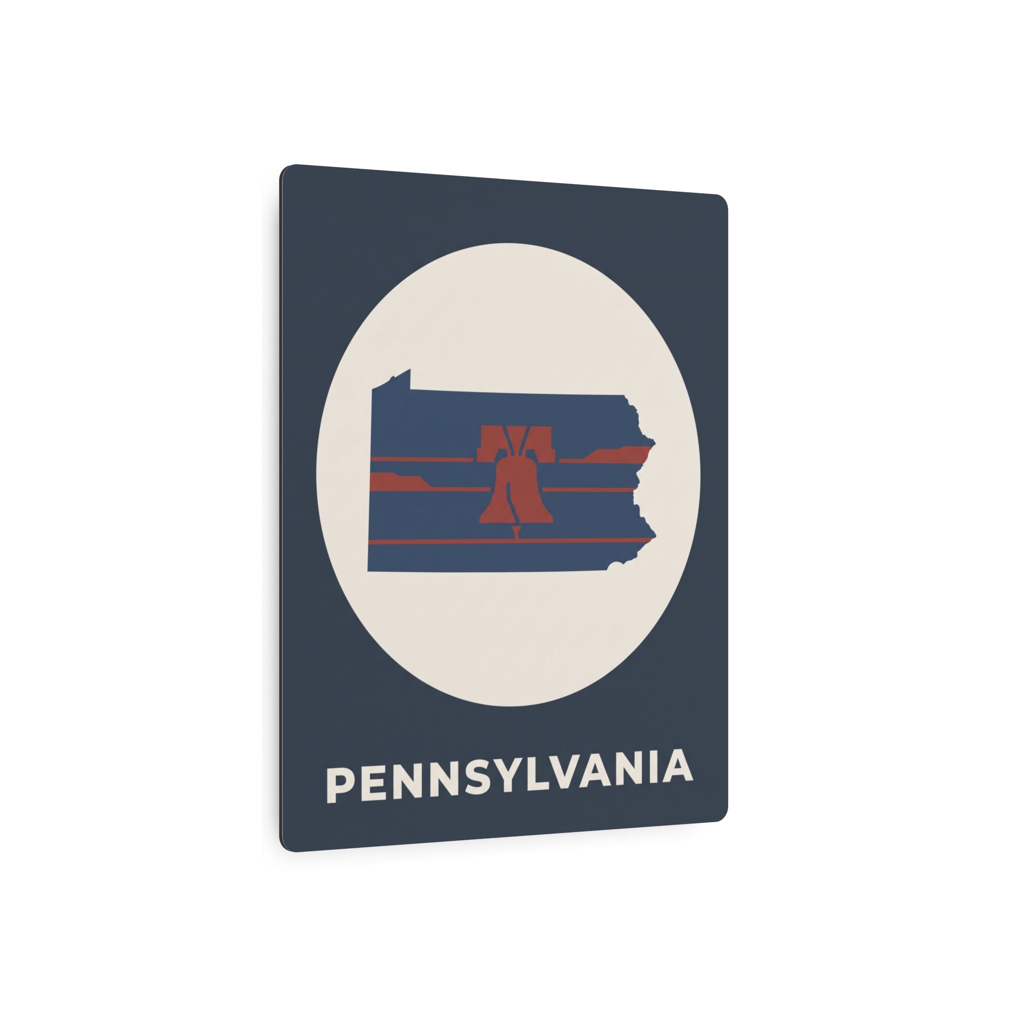 Dark blue Pennsylvania Liberty Bell outline metal wall plaque with oval emblem and PENNSYLVANIA text