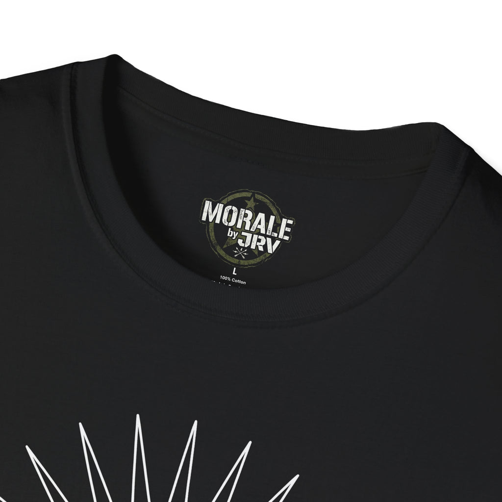 Black T-shirt neckline with printed logo and fabric content label