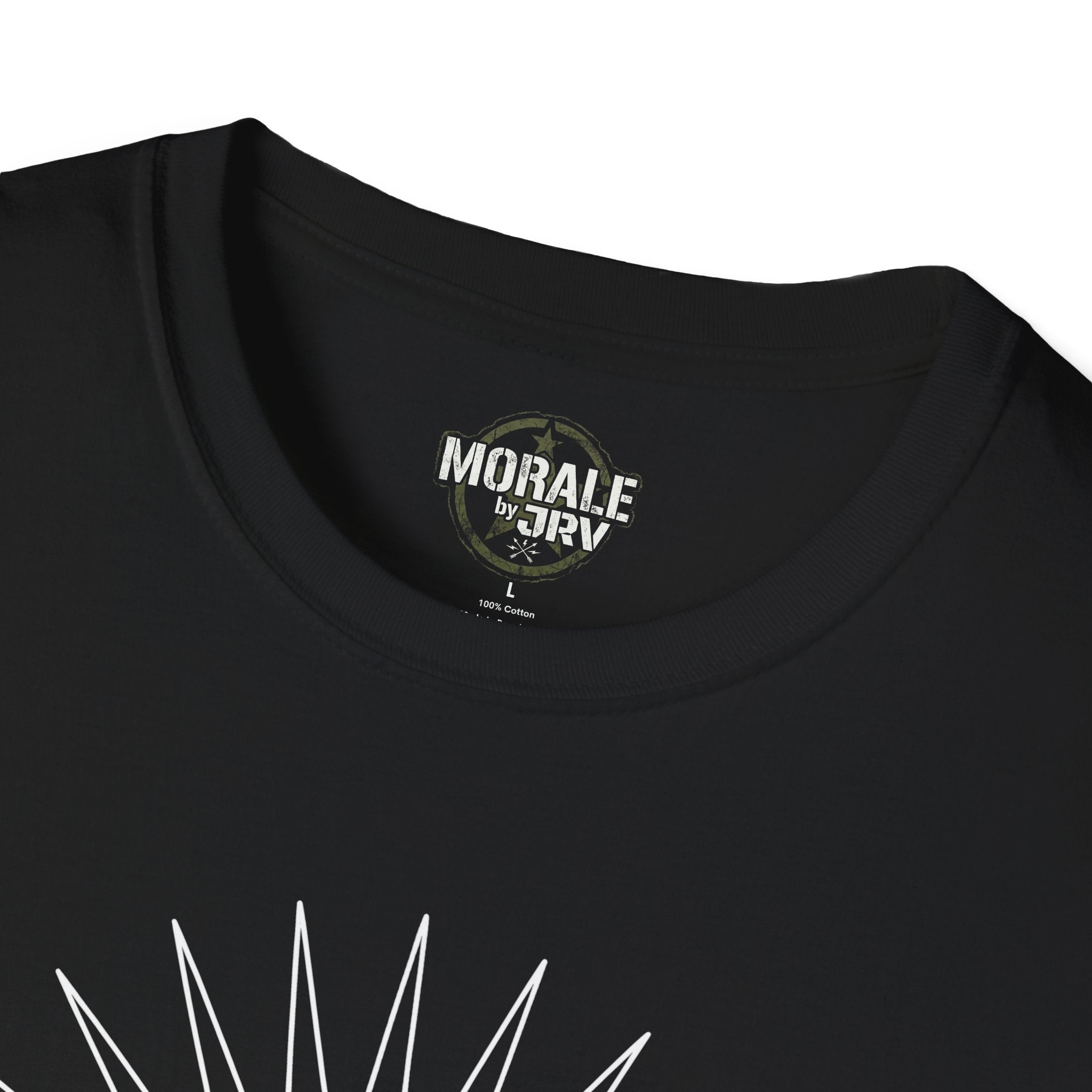 Black T-shirt neckline with printed logo and fabric content label