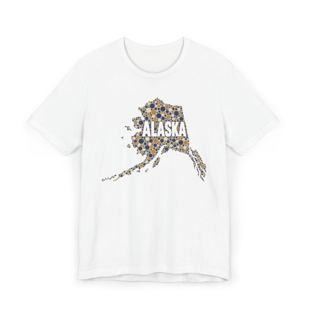 White Alaska state outline graphic T-shirt with dotted map and “Alaska” text