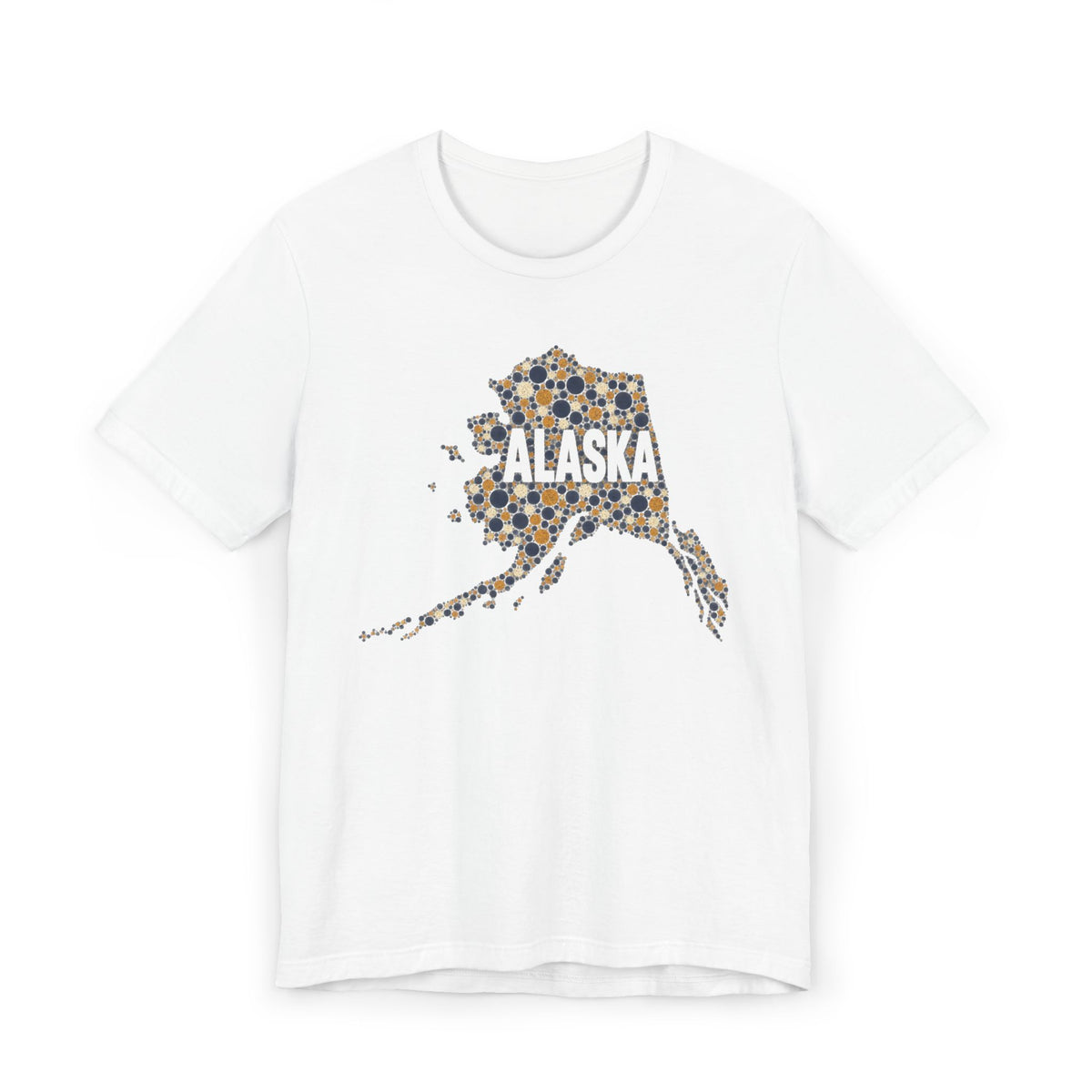 White Alaska state outline graphic T-shirt with dotted map and “Alaska” text