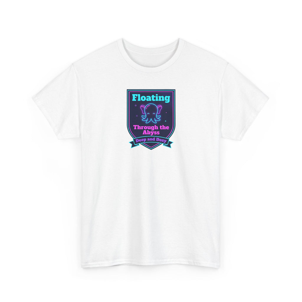 White crewneck T-shirt with centered neon octopus graphic