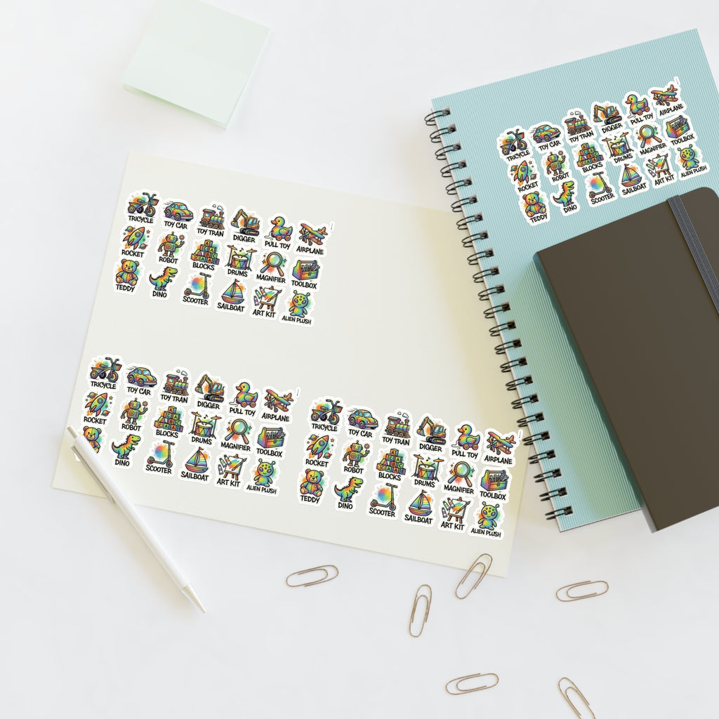Kids toy label sticker sheet with die-cut icons, shown with spiral notebook and clips
