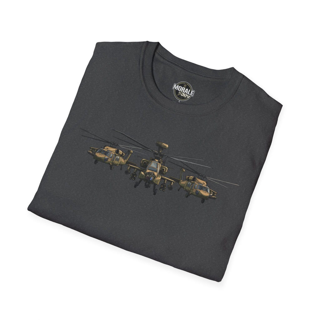 Apache Attack Helicopter T-shirt, dark gray folded with helicopter formation print