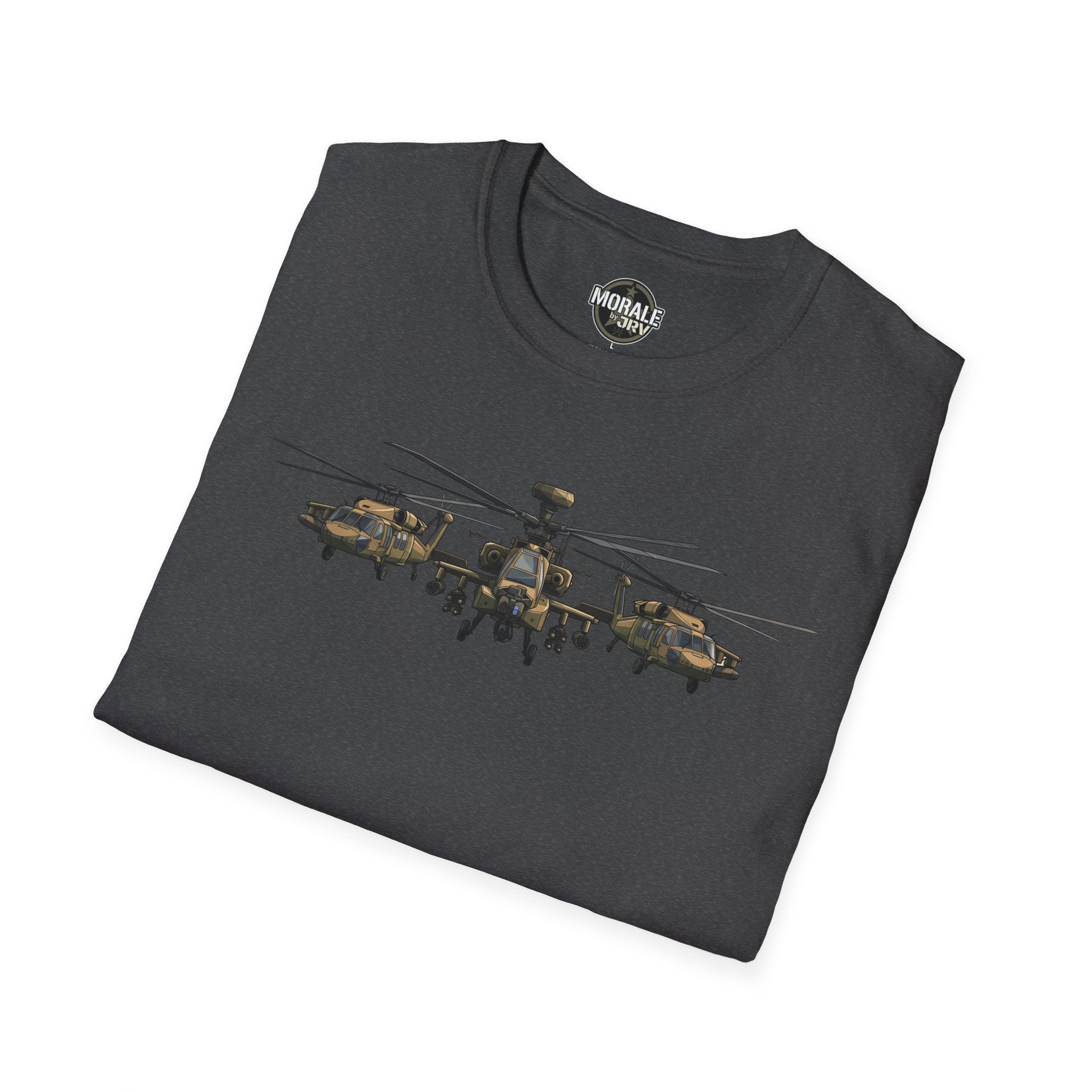 Apache Attack Helicopter T-shirt, dark gray folded with helicopter formation print