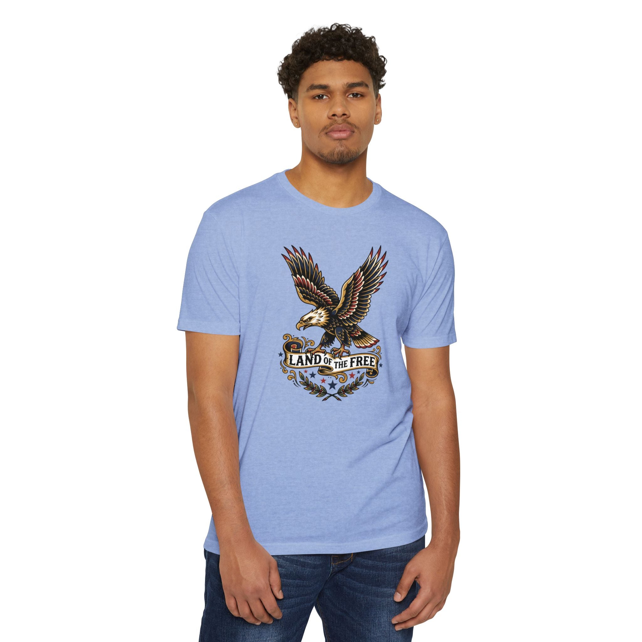 Light blue crewneck t-shirt with eagle emblem graphic on chest