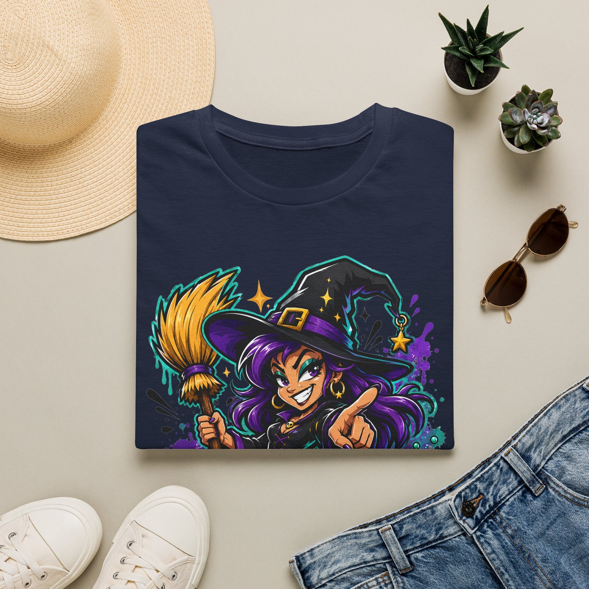 Navy T-shirt with colorful witch graphic holding a broom, Halloween candy theme
