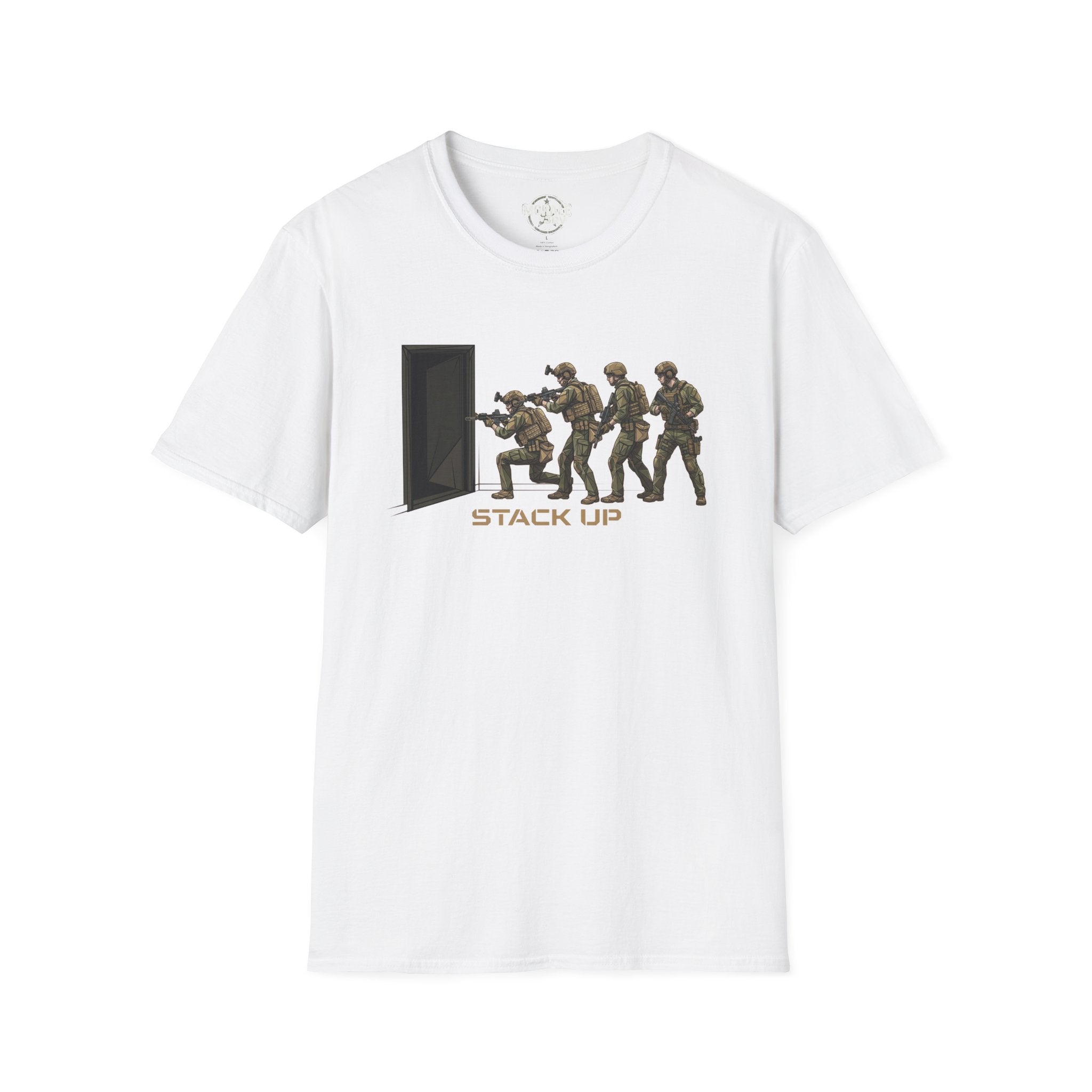 White T-shirt with “Stack Up” tactical soldiers door graphic on front