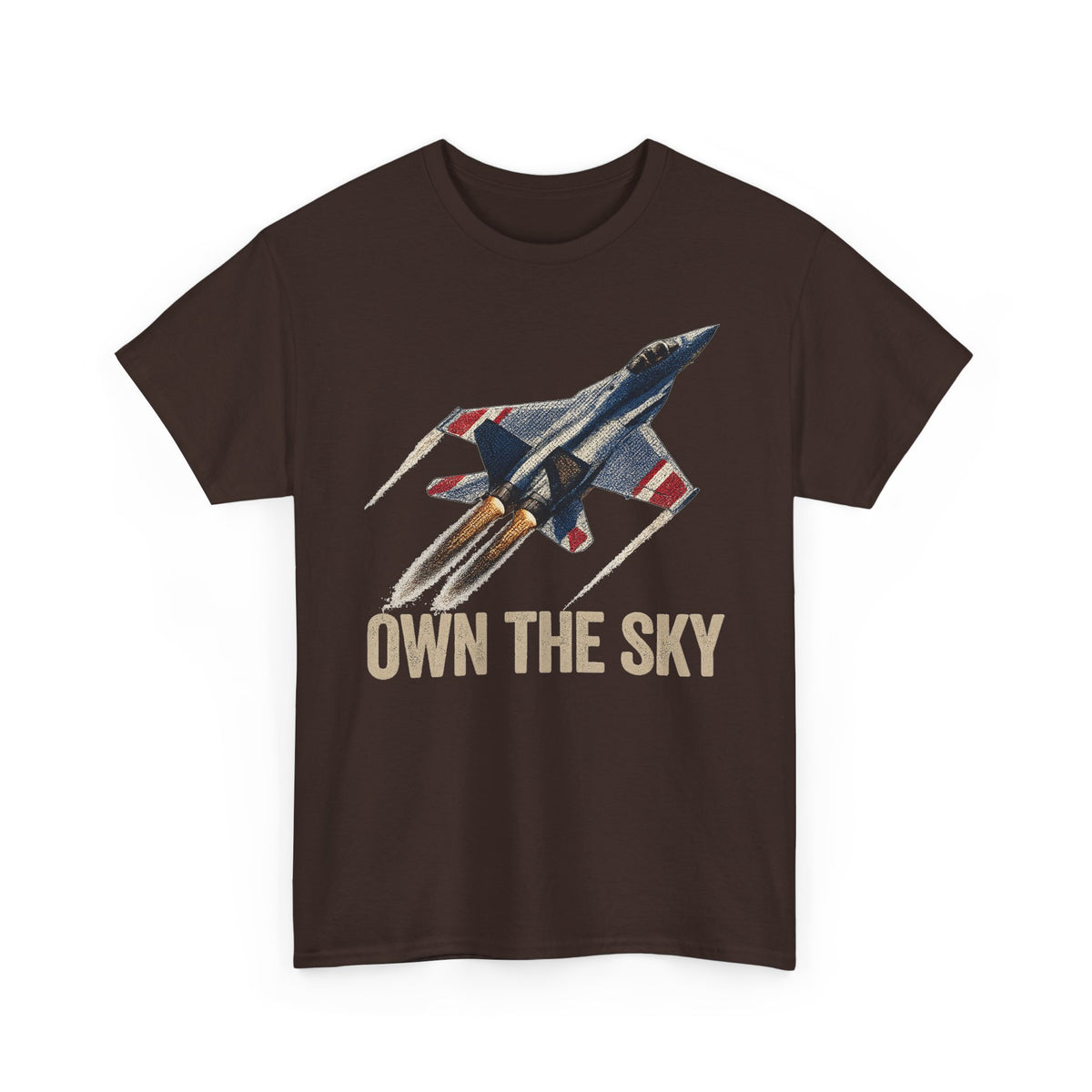 Dark brown T-shirt with fighter jet graphic and "OWN THE SKY" text on front