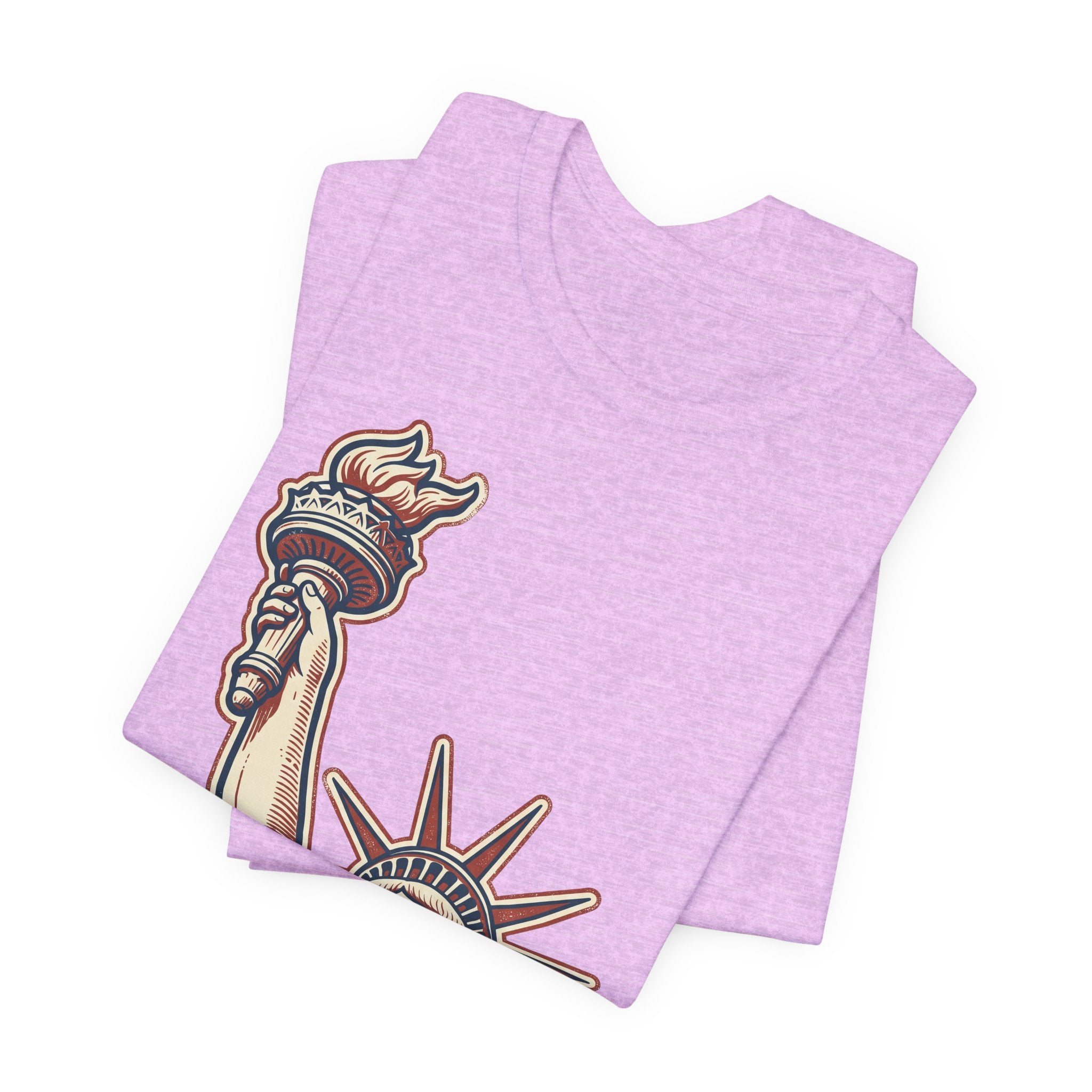 Heather lilac crewneck graphic tee with Statue of Liberty style illustration on front.