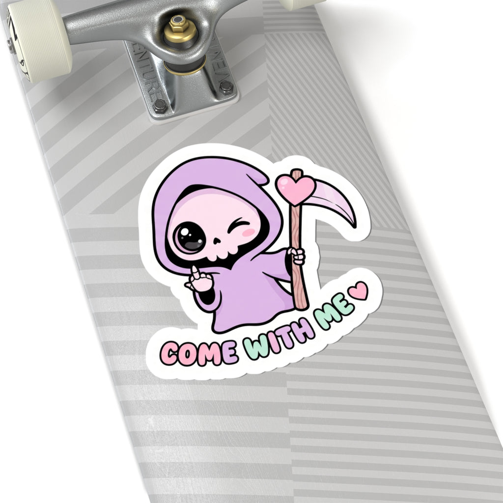 Purple grim reaper sticker on striped surface, scythe and heart, “COME WITH ME”.