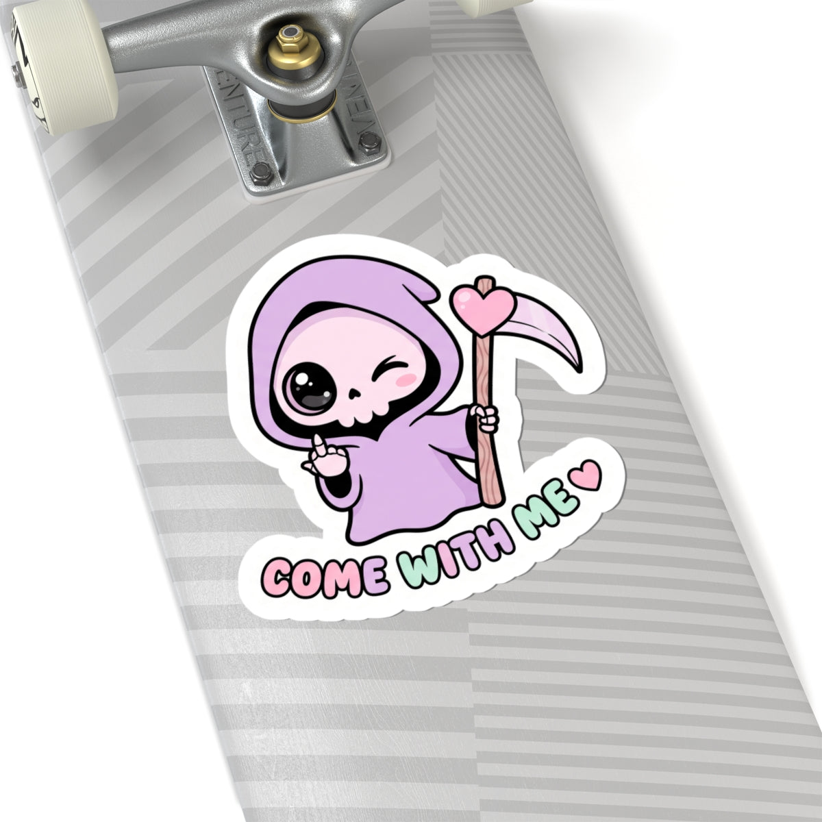 Purple grim reaper sticker on striped surface, scythe and heart, “COME WITH ME”.