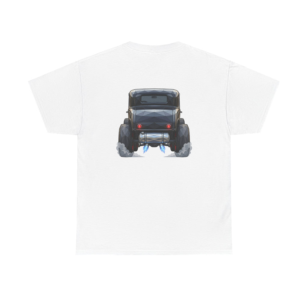 White T-shirt with rear vintage hot rod car graphic on the chest
