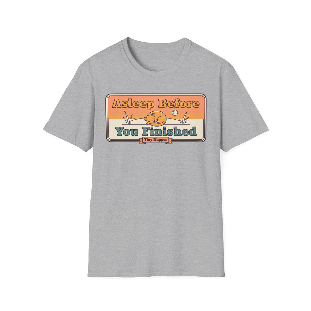 Sport gray T-shirt with retro “Asleep Before You Finished” typography print
