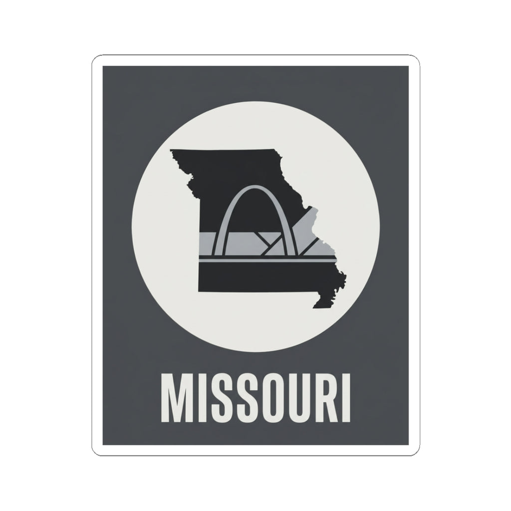 Missouri outline and Gateway Arch sticker with “MISSOURI” text, dark and white design