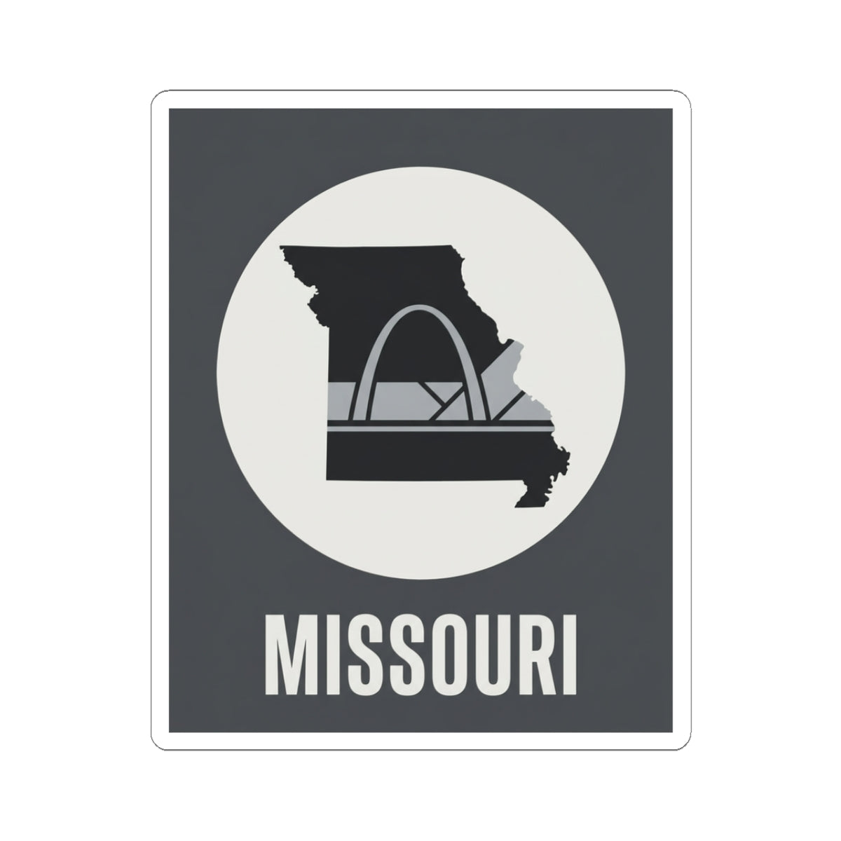 Missouri outline and Gateway Arch sticker with “MISSOURI” text, dark and white design
