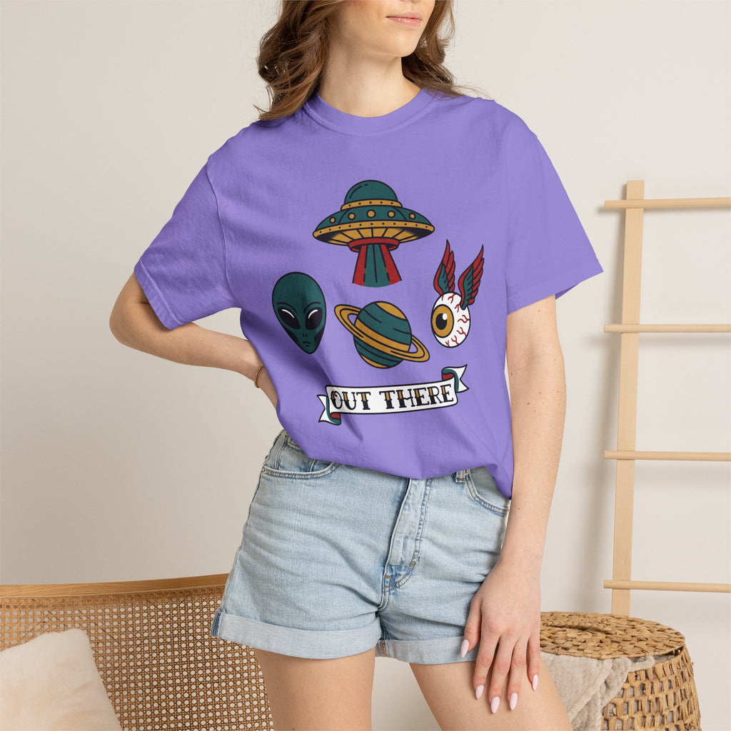 Lavender crew-neck T-shirt with alien, UFO, cat graphic and 'OUT THERE' banner