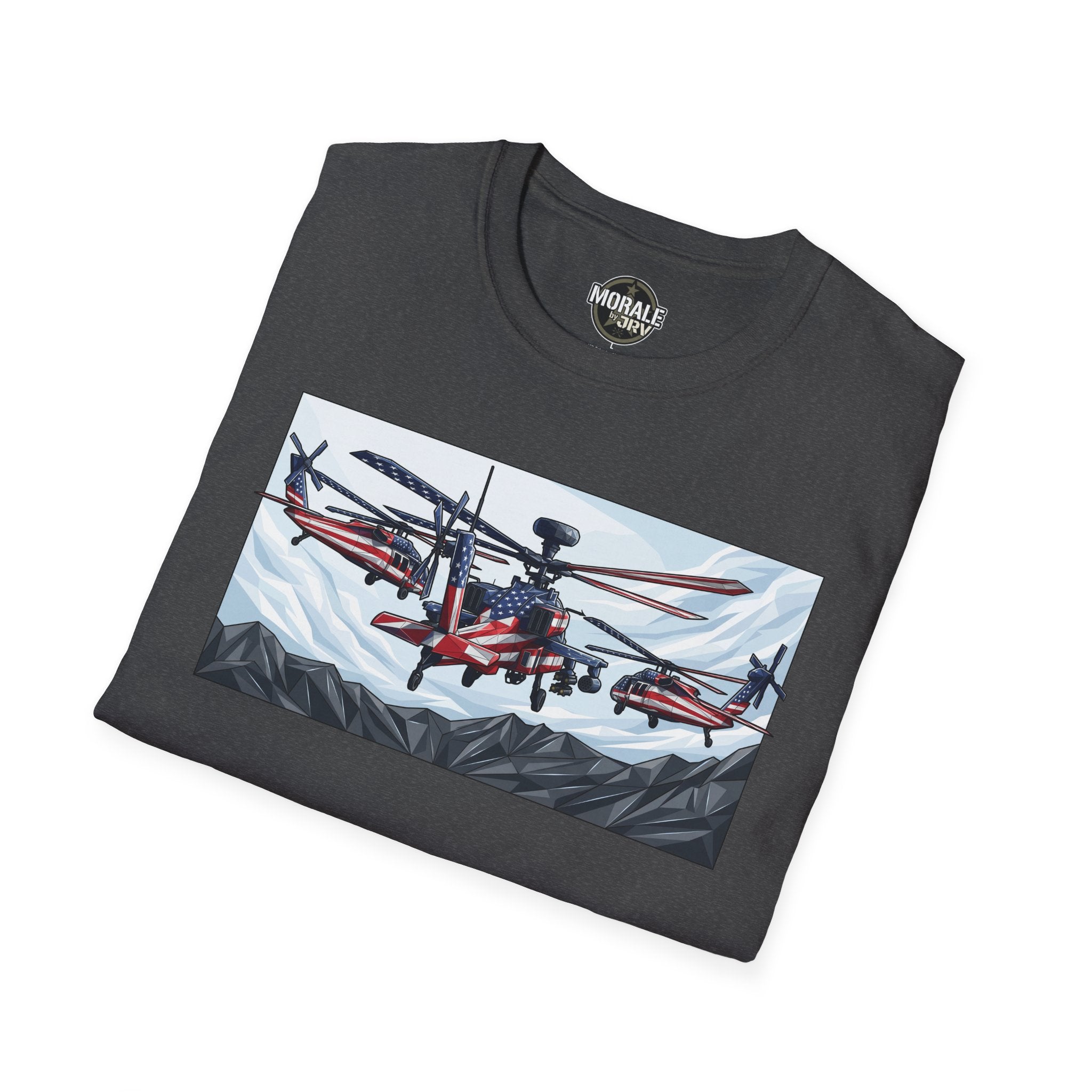 Dark heather T-shirt with attack helicopters illustration graphic panel
