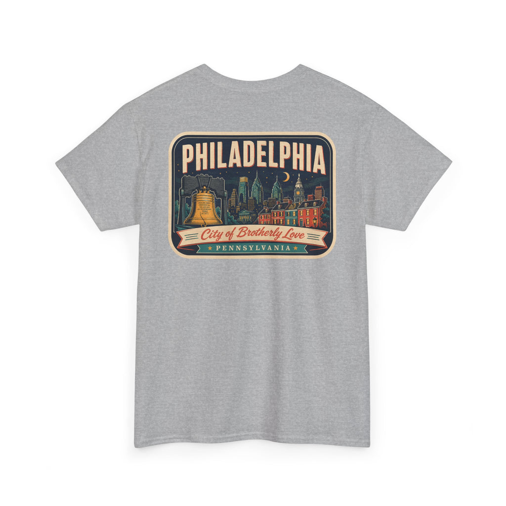 Heather gray T-shirt with Philadelphia skyline luggage-tag graphic patch