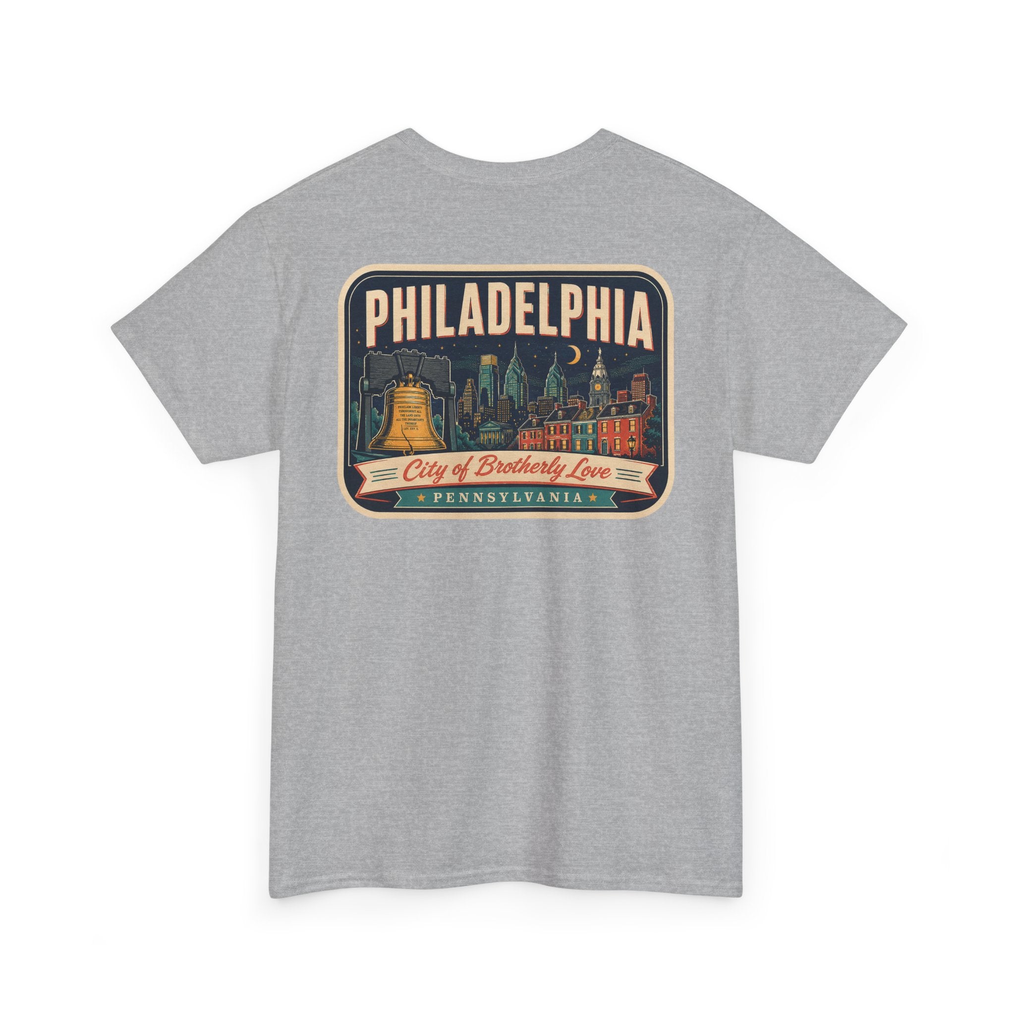 Heather gray T-shirt with Philadelphia skyline luggage-tag graphic patch