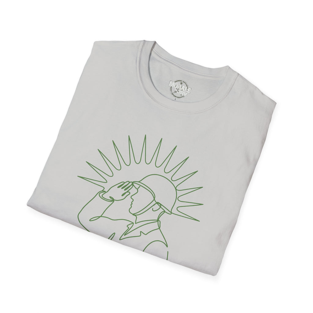 White T-shirt with green single-line upward man illustration