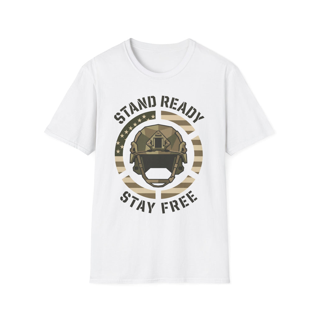 White crew-neck military helmet graphic t-shirt with circular “Stand Ready Stay Free” print
