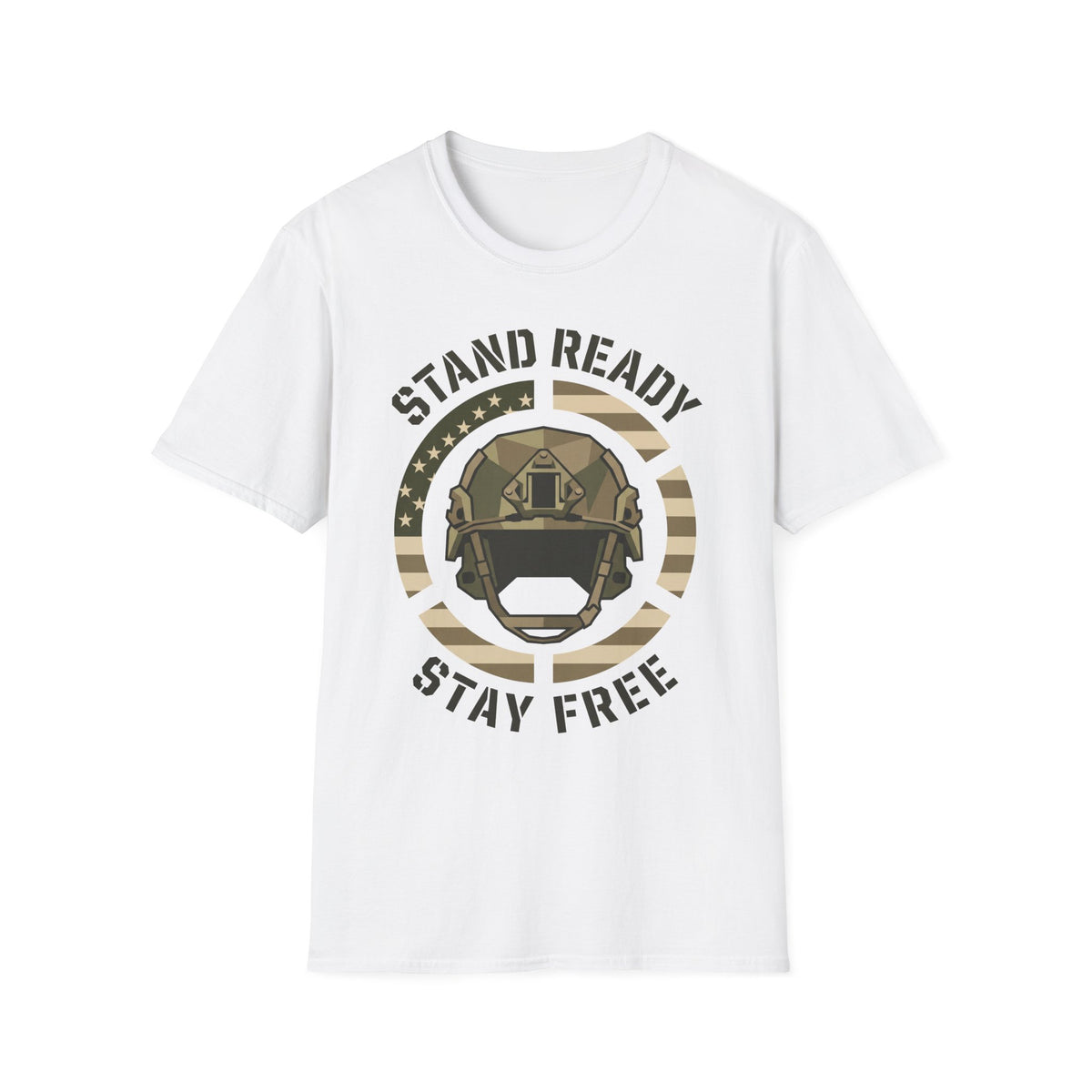 White crew-neck military helmet graphic t-shirt with circular “Stand Ready Stay Free” print