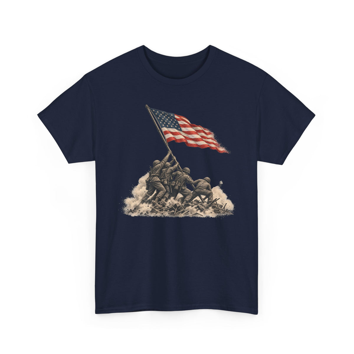 Navy graphic T-shirt with waving American flag over raised battle scene