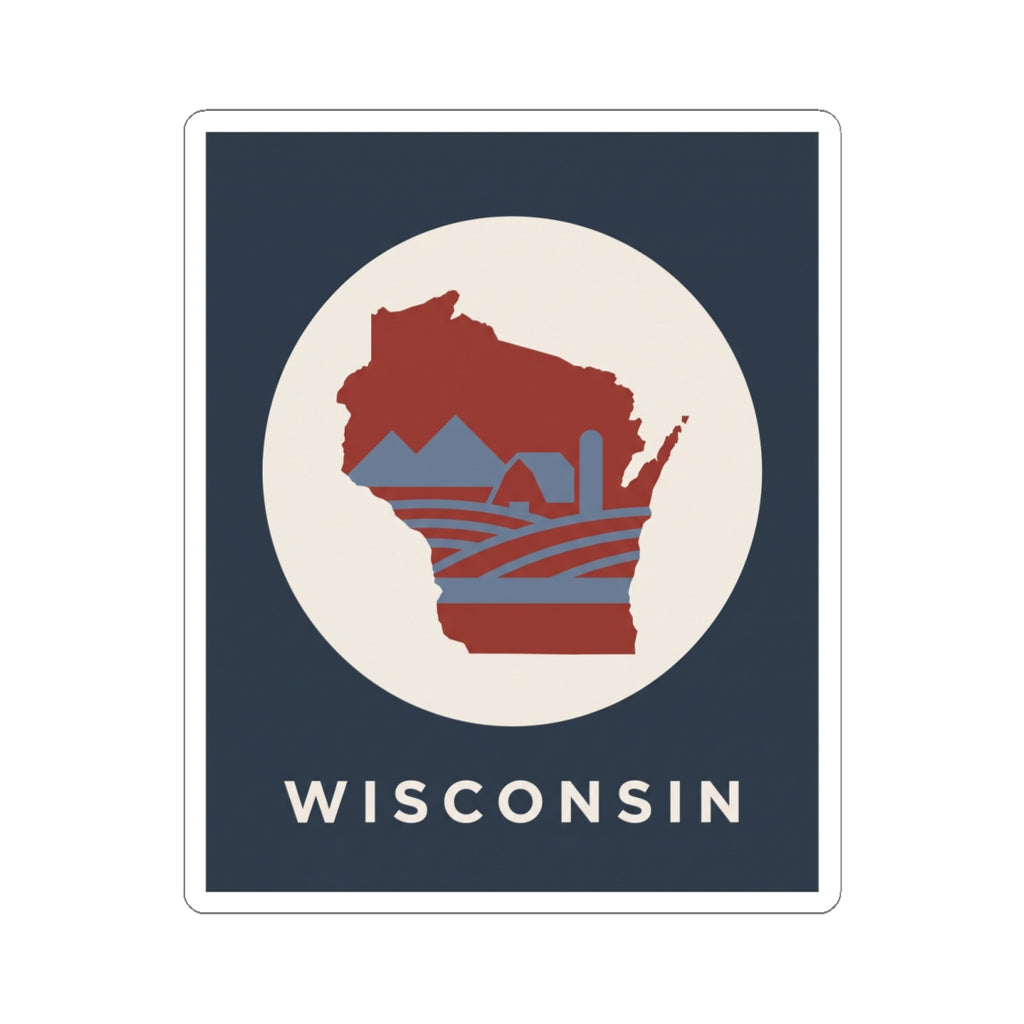 Wisconsin state graphic sticker with red map and blue stripe pattern inside cream circle