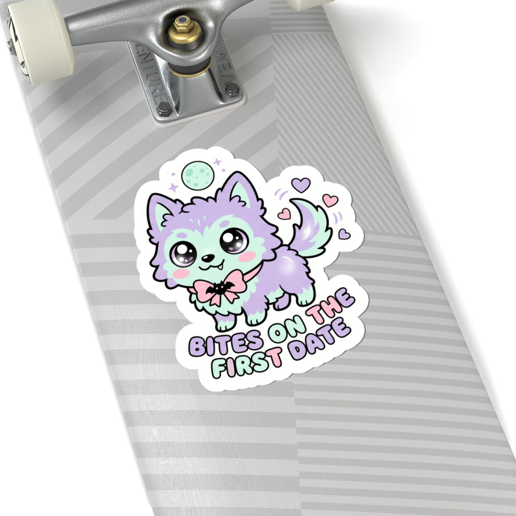 Kawaii wolf kiss-cut sticker on gray stripe background with mint fur and "BITES ON THE FIRST DATE"