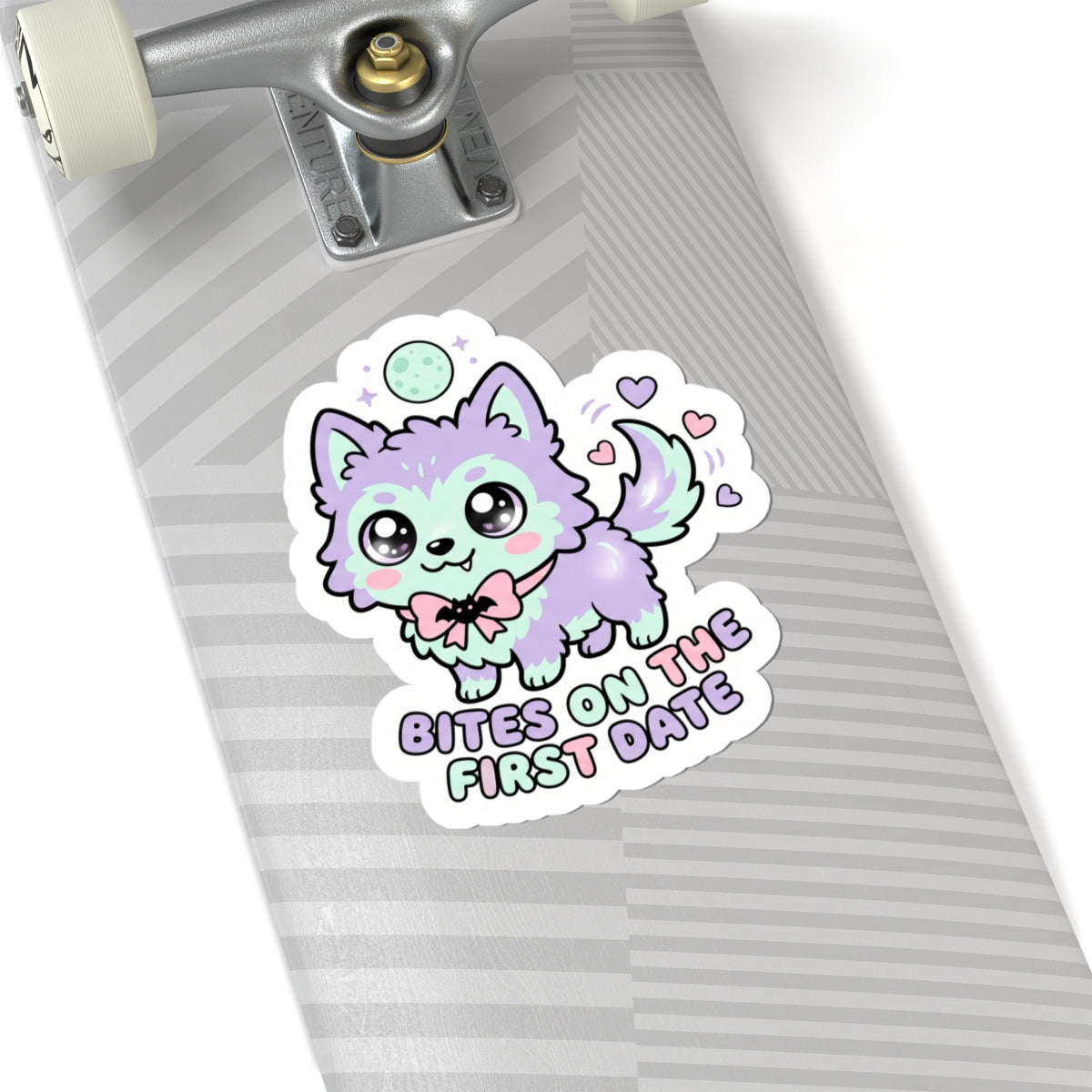 Kawaii wolf kiss-cut sticker on gray stripe background with mint fur and "BITES ON THE FIRST DATE"