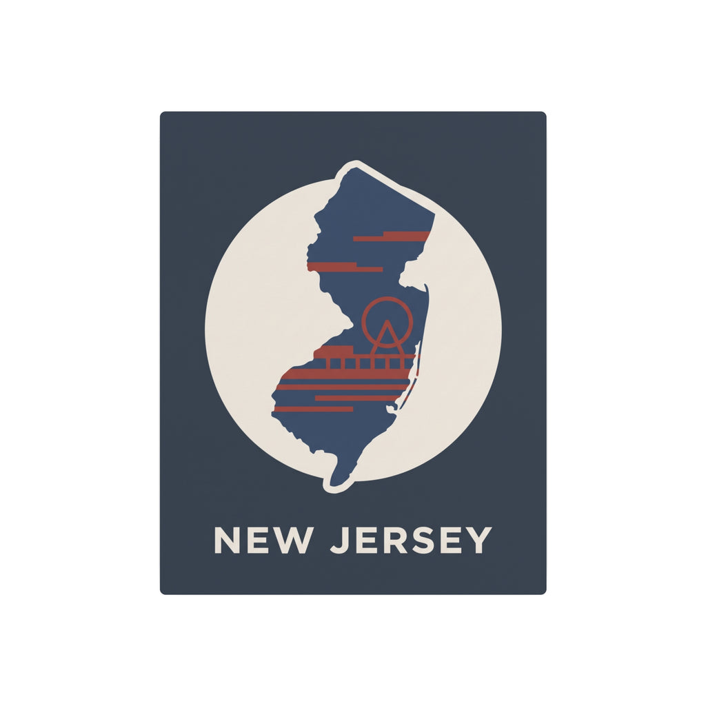 Metal New Jersey map sign, dark blue square with shoreline stripes in white circle and “NEW JERSEY”