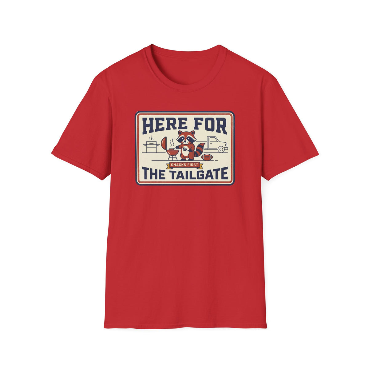 Red crew-neck T-shirt with square 'Here for the Tailgate' graphic, front view
