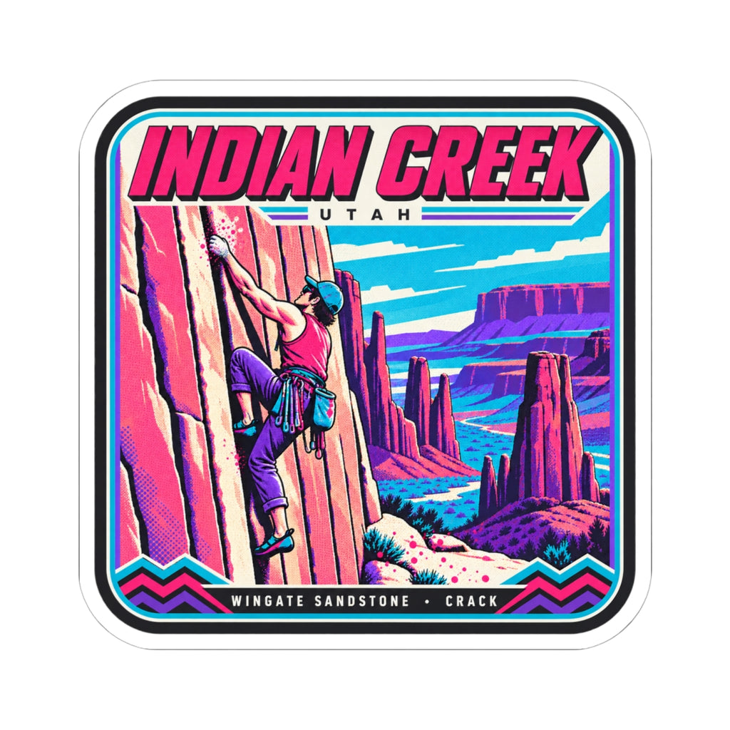 Square outdoor climber sticker with bold “INDIAN CREEK” lettering and scenic rock art