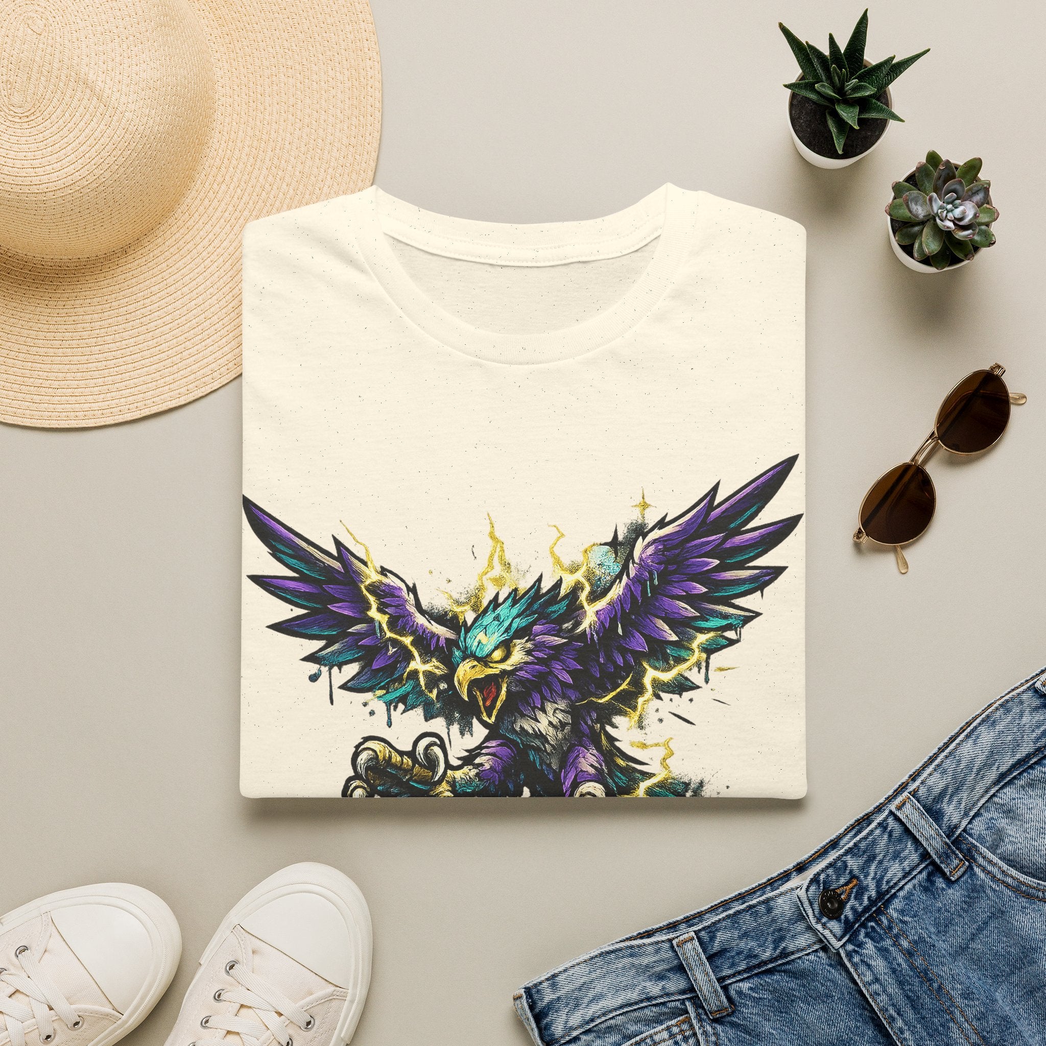 White crew-neck T-shirt with colorful mythical lightning bird graphic