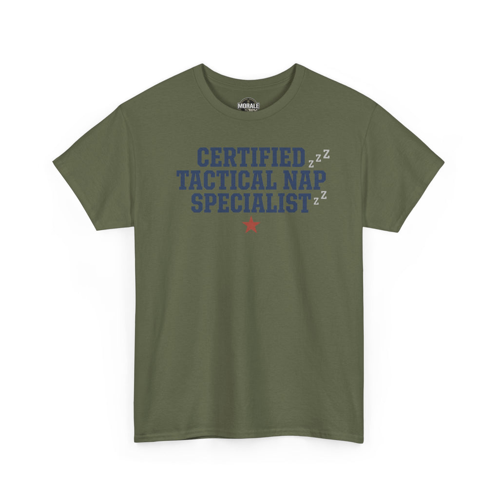 Military green tactical nap specialist tee with blue "Certified Tactical Nap Specialist" graphic