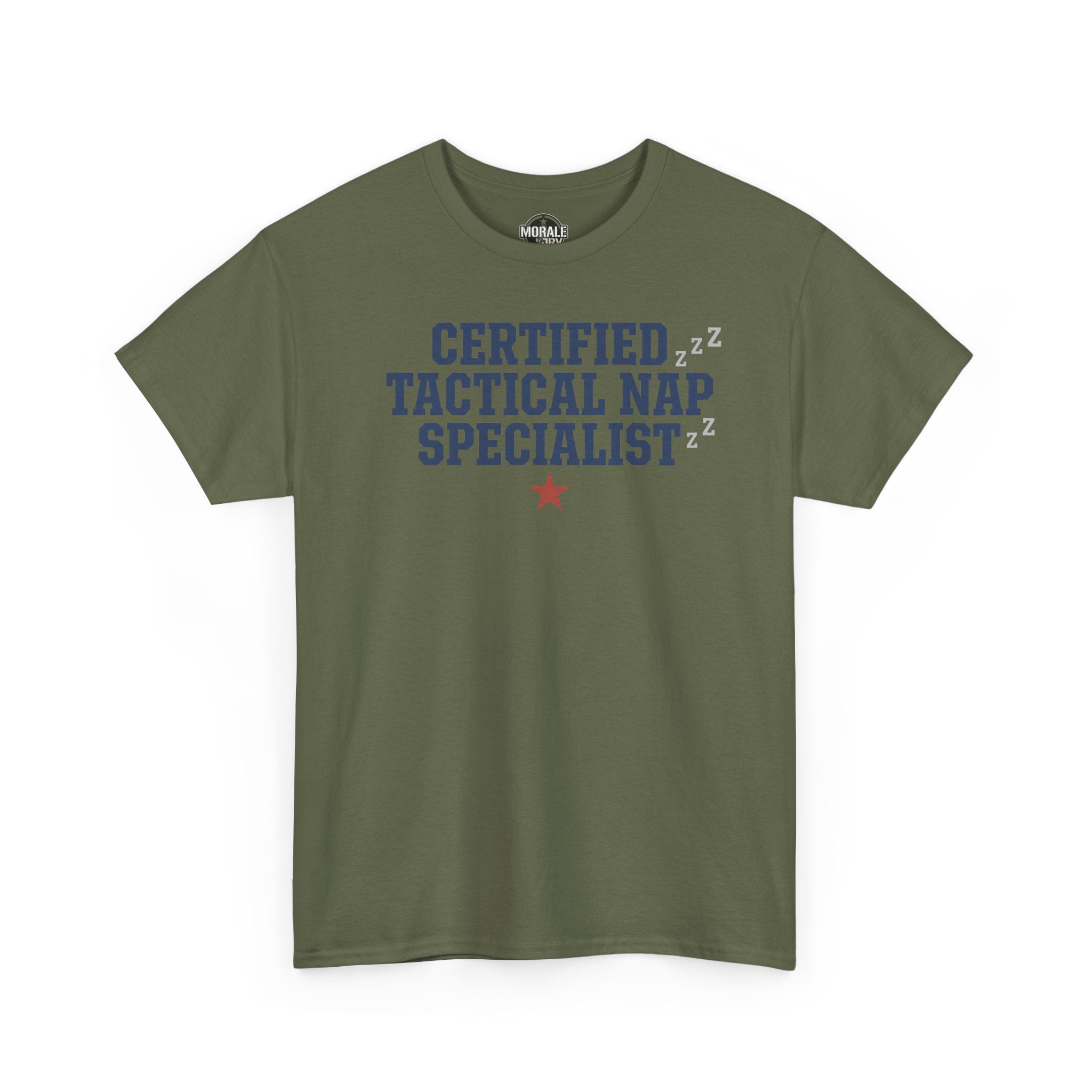 Military green tactical nap specialist tee with blue "Certified Tactical Nap Specialist" graphic